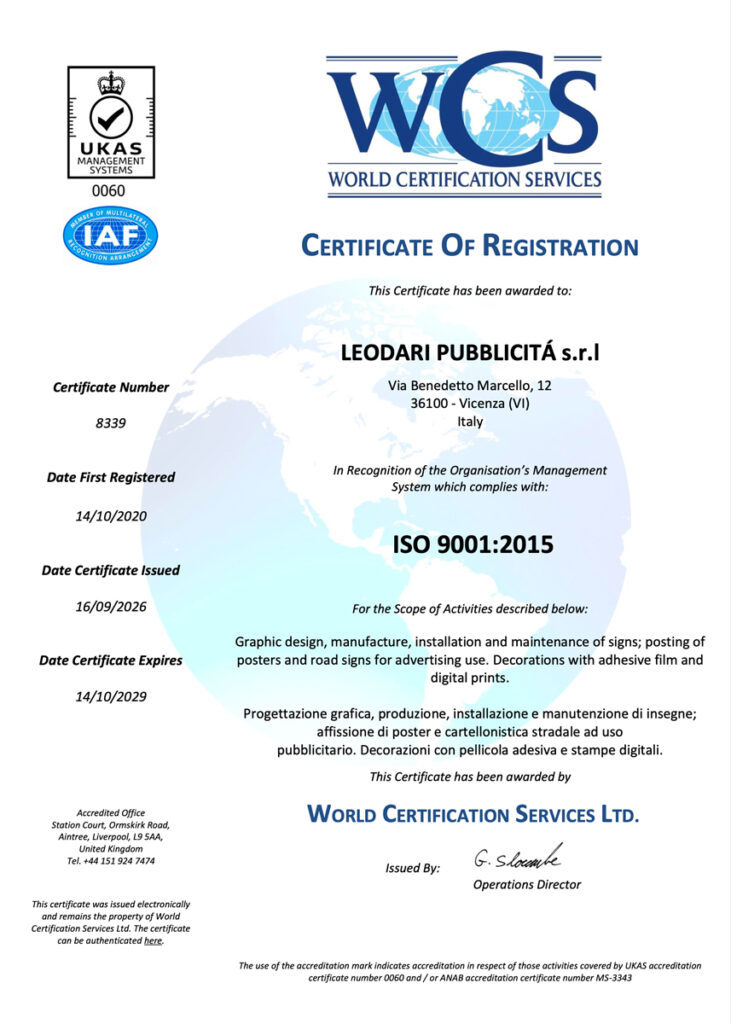 Leodari Pubblicità,Leodari,Cartelli Stradali,Pubblicità,Affissioni,Affissioni Pubblicitarie,Insegne 26 Iq 20 04 Digital Certificate 13215 A01 Q 2